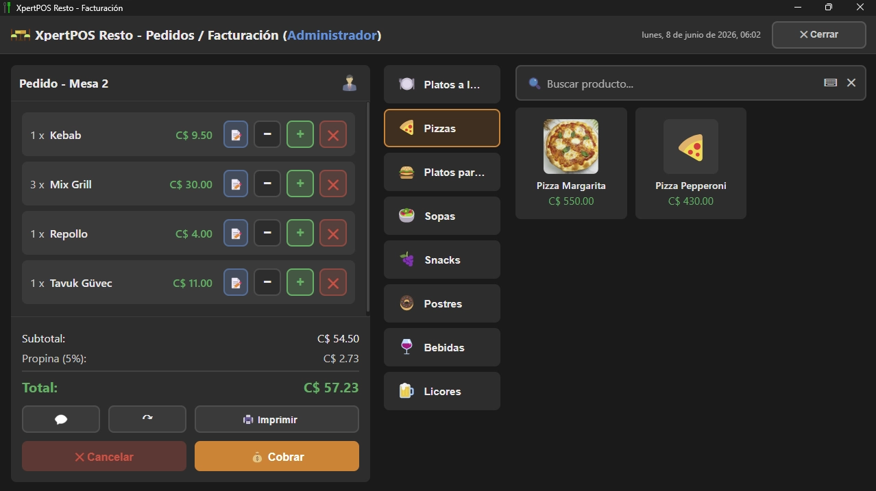 Pantalla de cobro y facturación en XpertPOS Resto con pagos mixtos