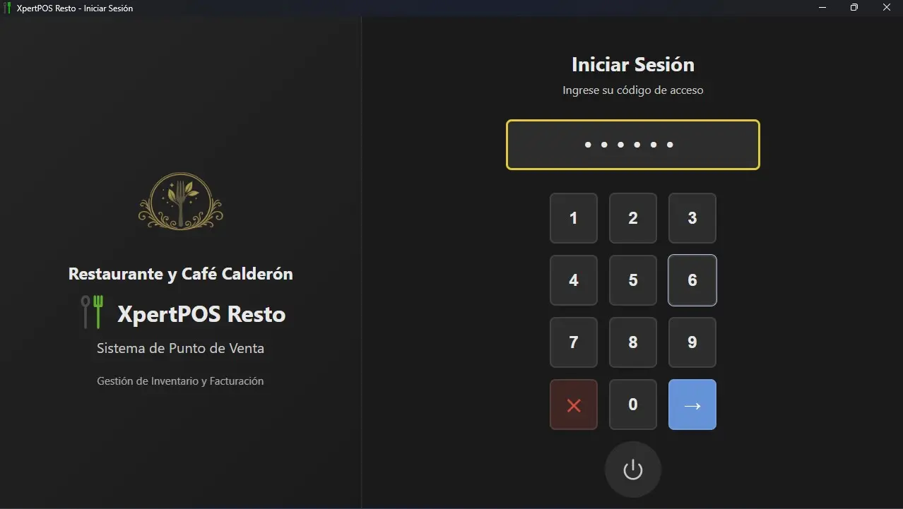 Pantalla de acceso por PIN en XpertPOS Resto para meseros y cajeros