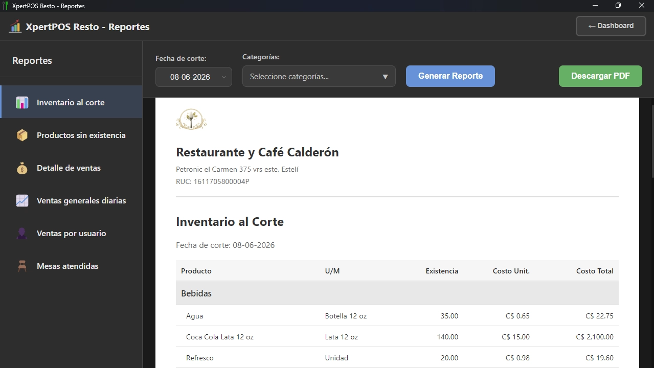 Reportes de ventas e inventario en XpertPOS Resto
